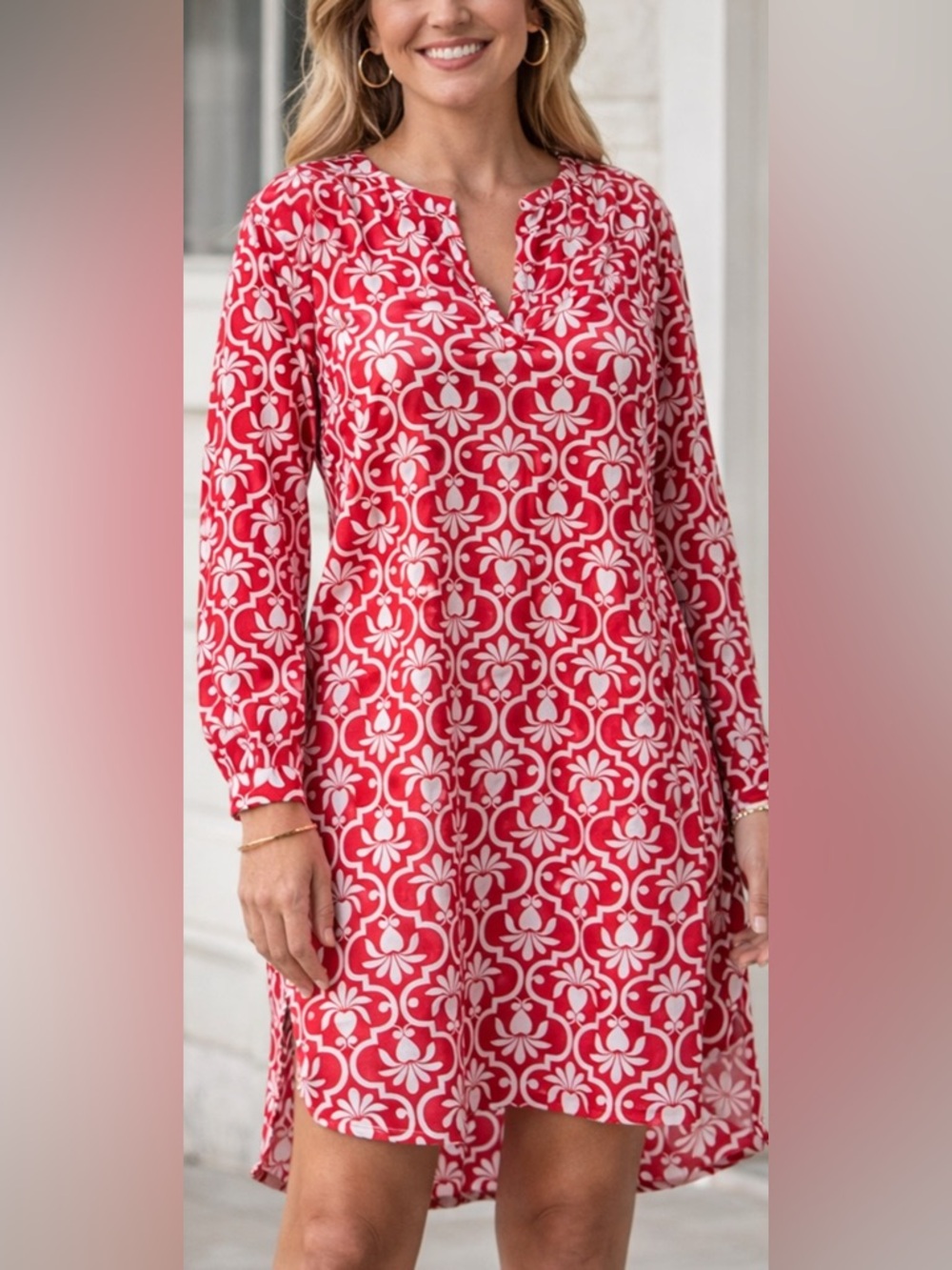 Lands End Red White Floral Bamboo Tunic Dress M Hi Low V Neck Long Sleeve